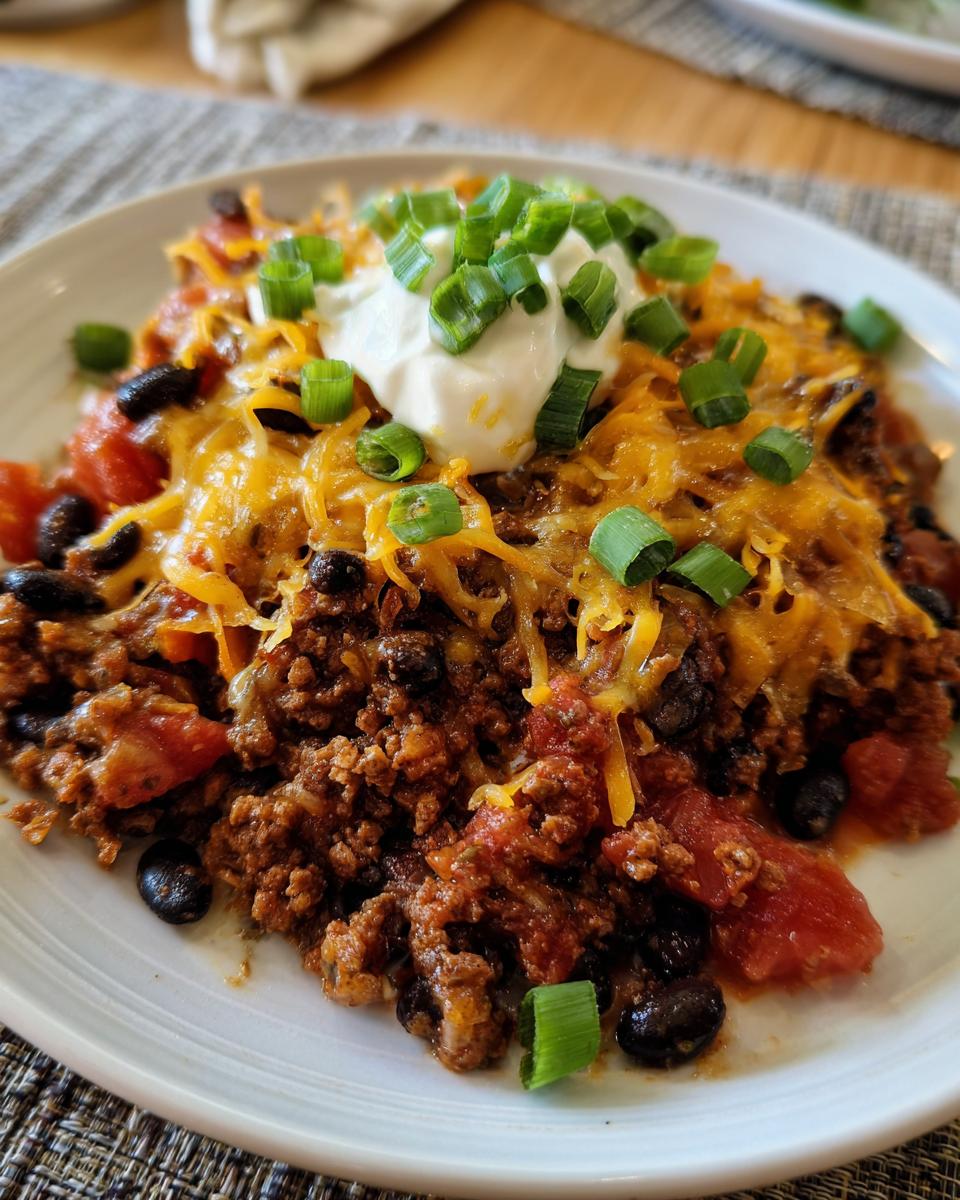 A close-up of a hearty ground beef and black bean skillet dinner, topped with melted cheese, sour cream, and green onions.