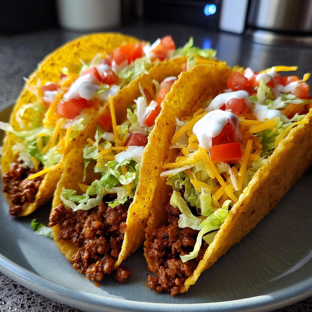 Three classic ground beef tacos filled with seasoned meat, shredded lettuce, cheese, diced tomatoes, and a dollop of sour cream. A perfect example of easy taco recipes.