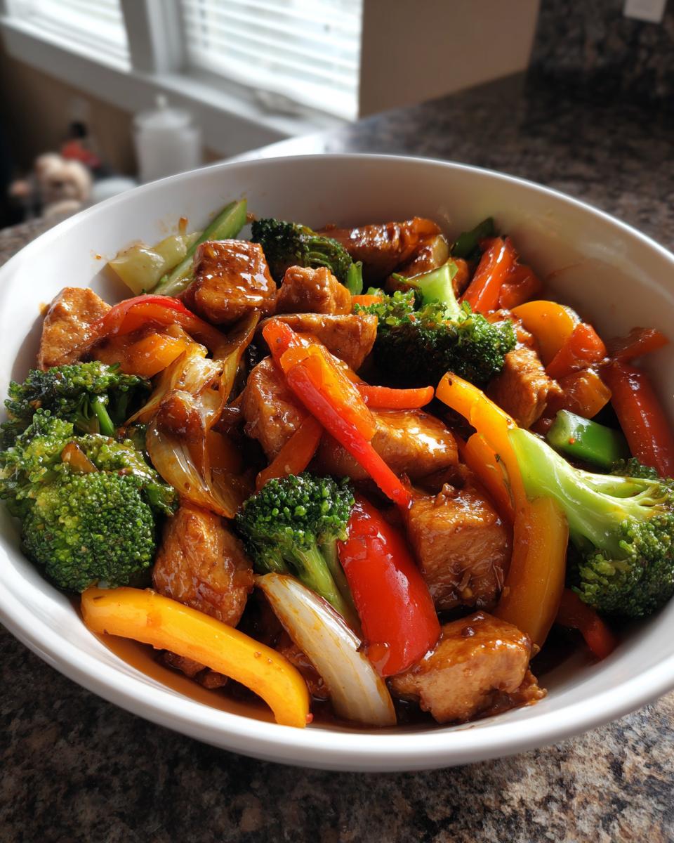 A white bowl filled with a colorful ground turkey stir fry, featuring broccoli, bell peppers, and onions in a glossy sauce.