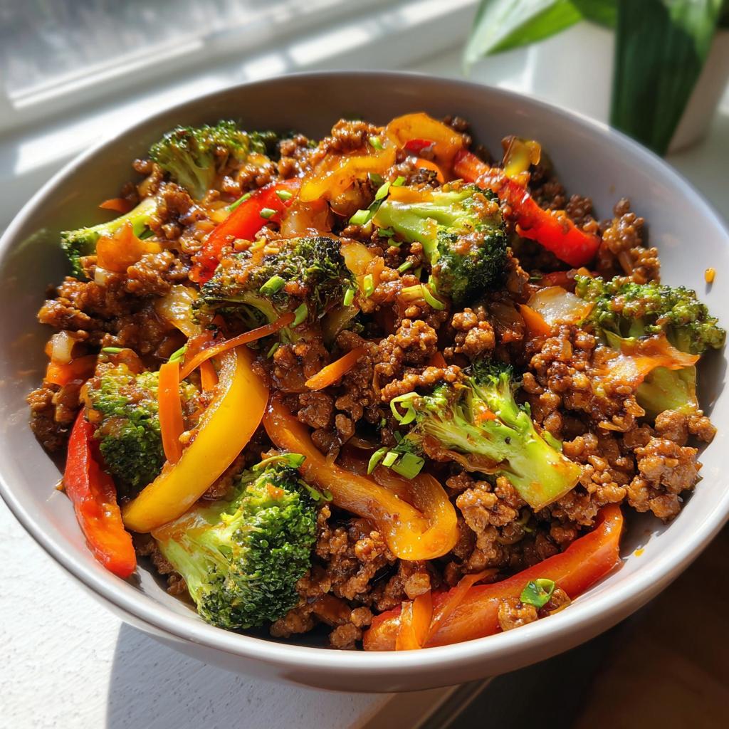 A close-up of a bowl filled with a flavorful ground turkey stir fry, featuring broccoli, bell peppers, and carrots.