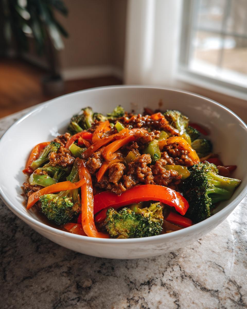 A bowl of delicious ground turkey stir fry with broccoli florets and sliced red bell peppers.
