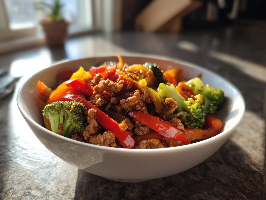 A white bowl filled with a colorful ground turkey stir fry, featuring broccoli florets, red and yellow bell peppers, and savory ground turkey.