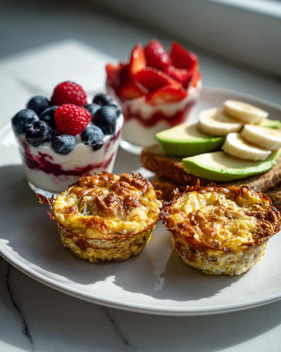 Two golden-brown egg muffins sit on a plate next to a parfait with blueberries and raspberries, and toast with avocado and banana slices. Perfect for Halloween breakfast ideas for kids.