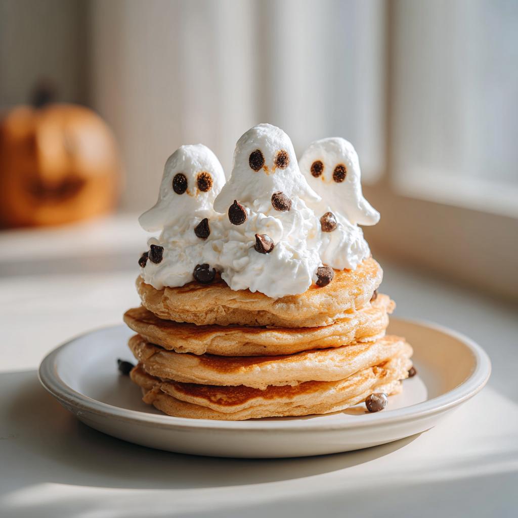 Stack of pancakes topped with whipped cream decorated as ghosts with chocolate chip eyes and mini chocolate chip accents, perfect for Halloween breakfast ideas.