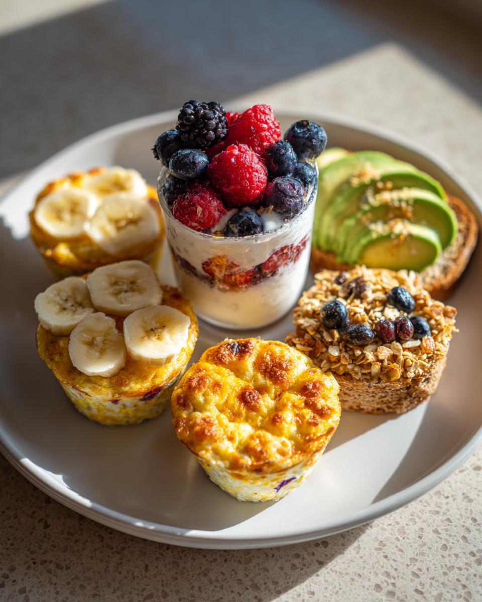 A platter of various kid-friendly Halloween breakfast ideas including mini egg bakes, yogurt parfait with berries, and avocado toast.
