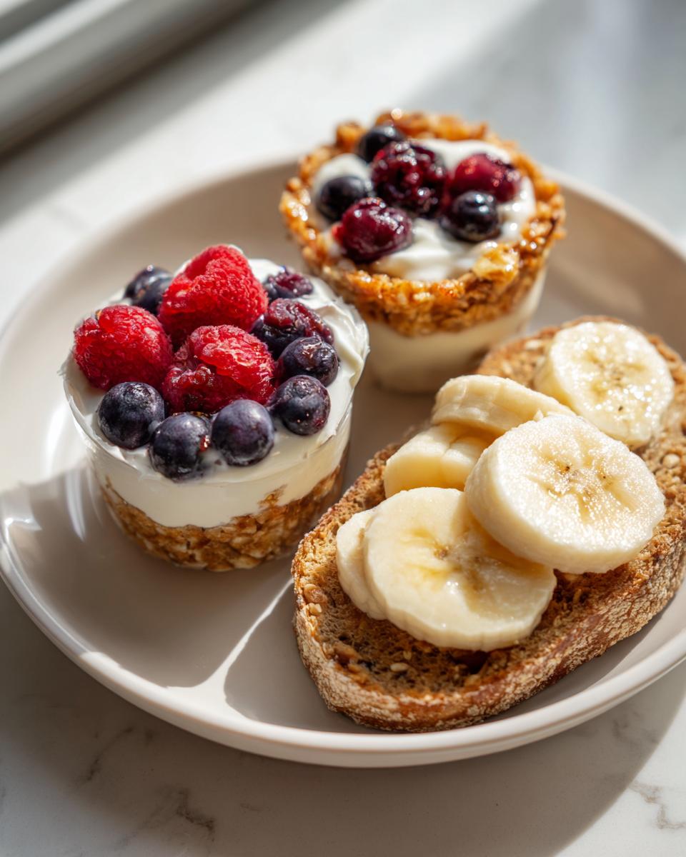 Close-up of healthy halloween breakfast ideas for kids: two yogurt parfaits topped with berries and a slice of toast with banana slices.