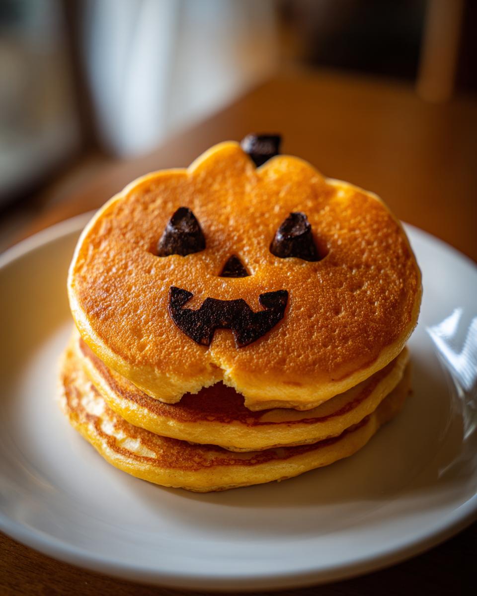 Stack of fluffy pancakes decorated as a jack-o'-lantern for a fun Halloween breakfast.