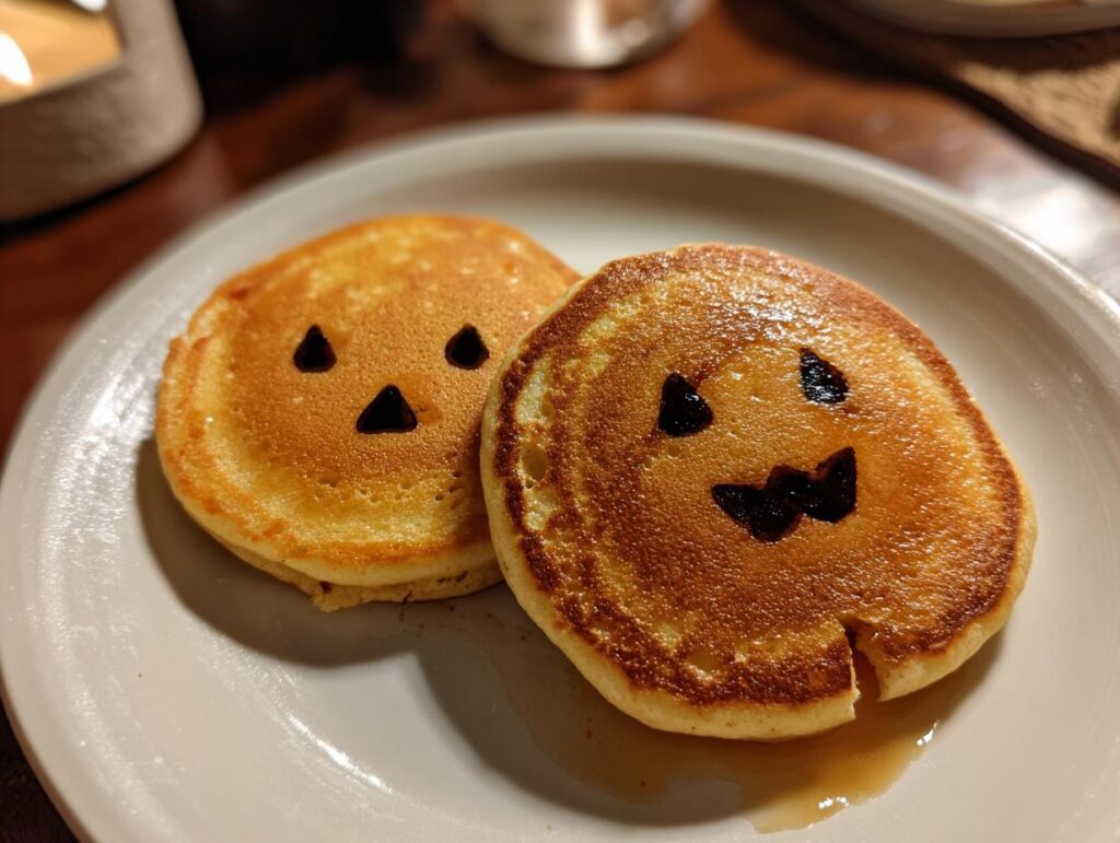 Two festive halloween breakfast pancakes decorated with jack-o'-lantern faces, served on a plate with syrup.