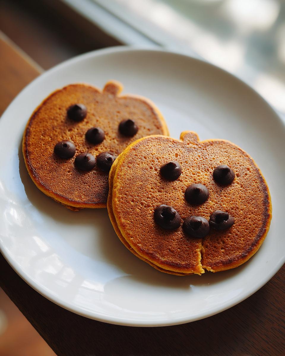 Two pumpkin-shaped pancakes decorated with chocolate chips to resemble jack-o'-lantern faces, perfect for a Halloween breakfast.