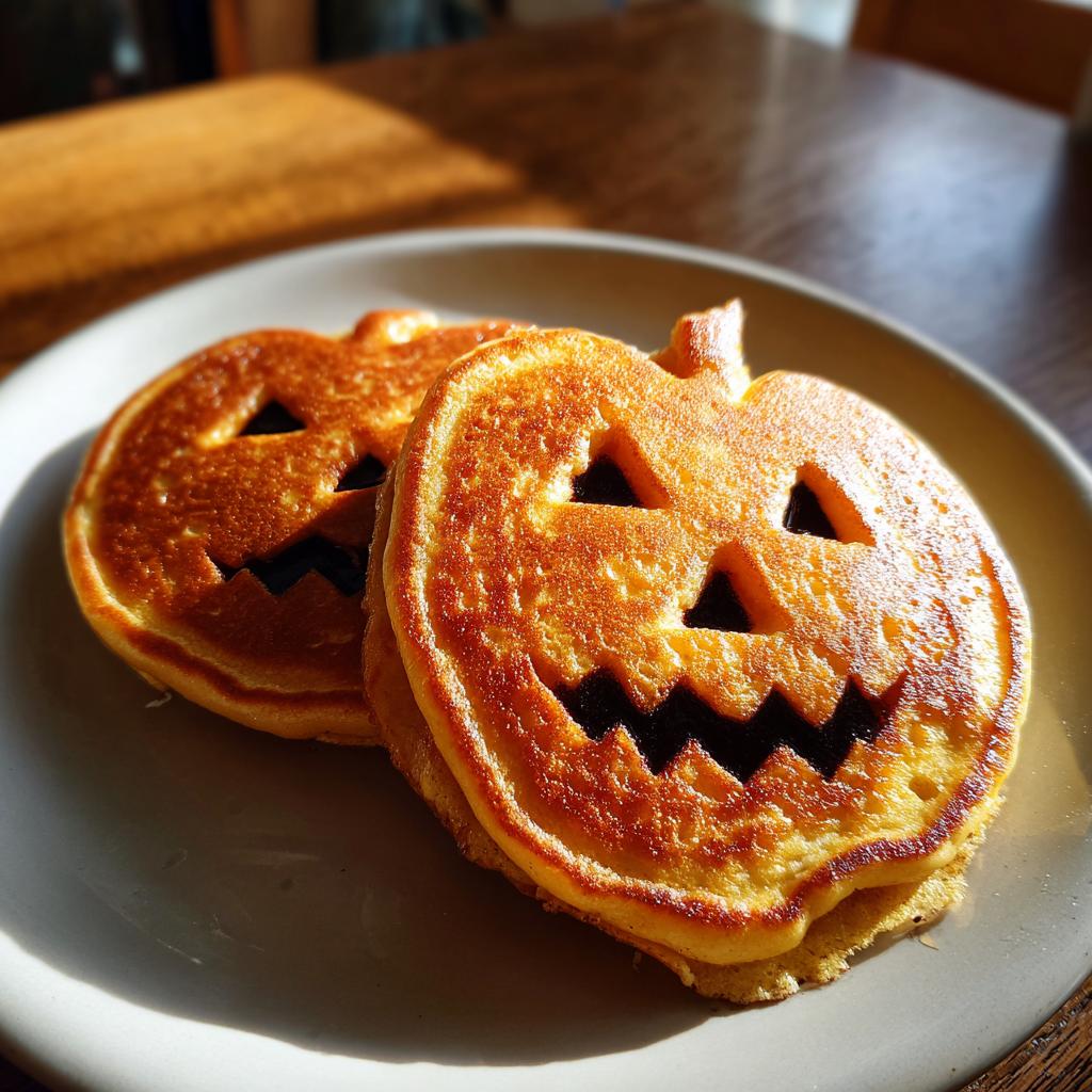 Two golden-brown pumpkin-shaped pancakes with carved jack-o'-lantern faces, perfect for a Halloween breakfast.