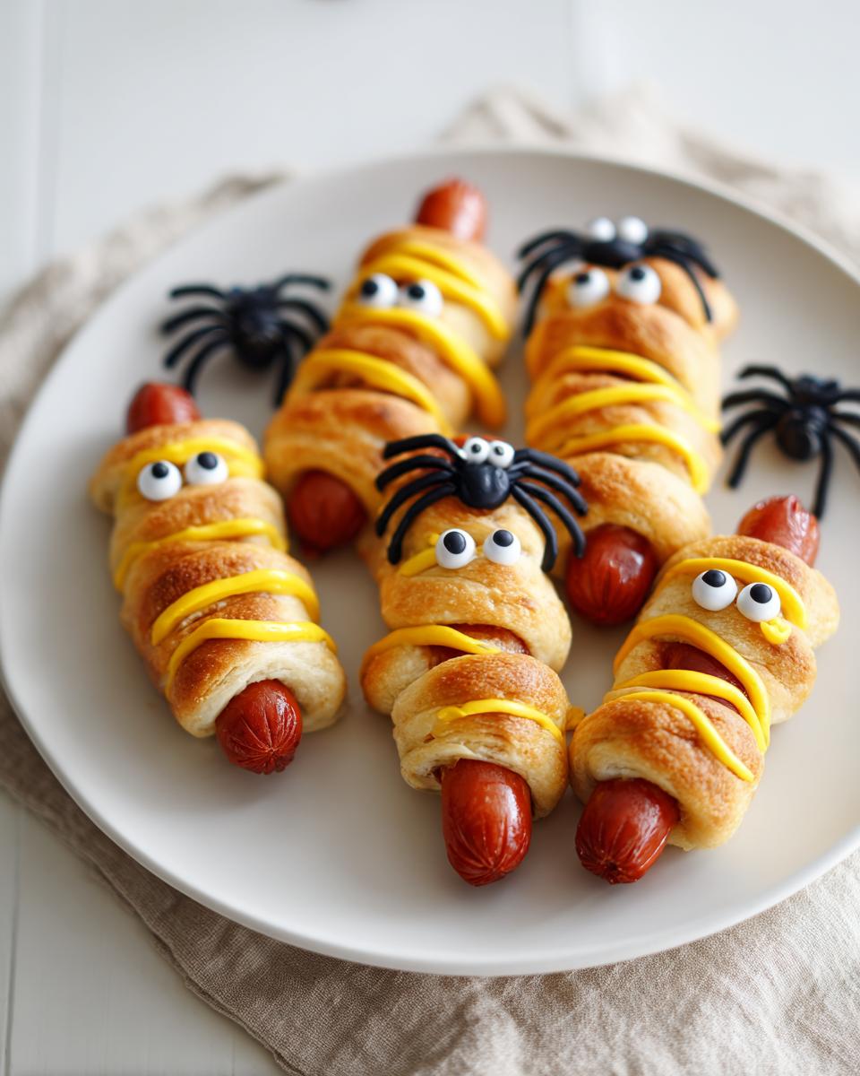 Plate of mummy hot dogs with candy eyes and mustard bandages, perfect for Halloween dinner ideas. Includes plastic spiders.