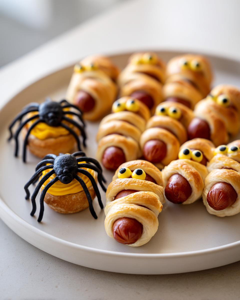 Mummy hot dogs and spider-decorated snacks, perfect for Halloween dinner ideas, arranged on a white plate.