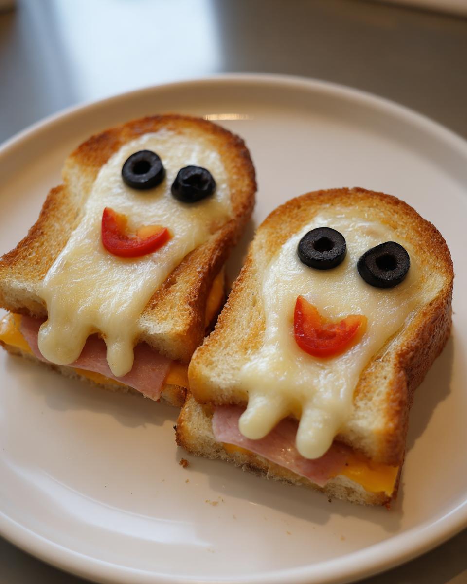 Two ghost-shaped grilled cheese sandwiches for a fun halloween lunch, decorated with olives for eyes and tomato smiles.
