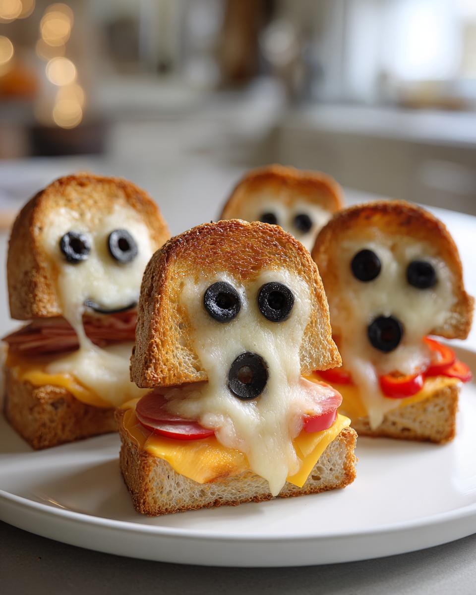 Four ghost-shaped sandwiches for a fun Halloween lunch, made with toast, melted cheese, olives, and ham.