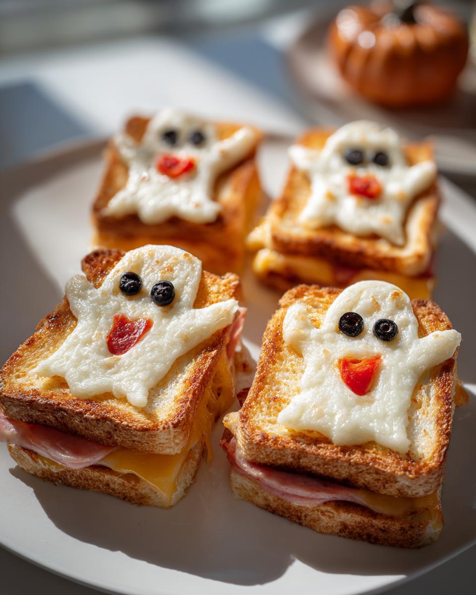 Four adorable ghost-shaped sandwiches, perfect for a fun Halloween lunch, on a white plate.