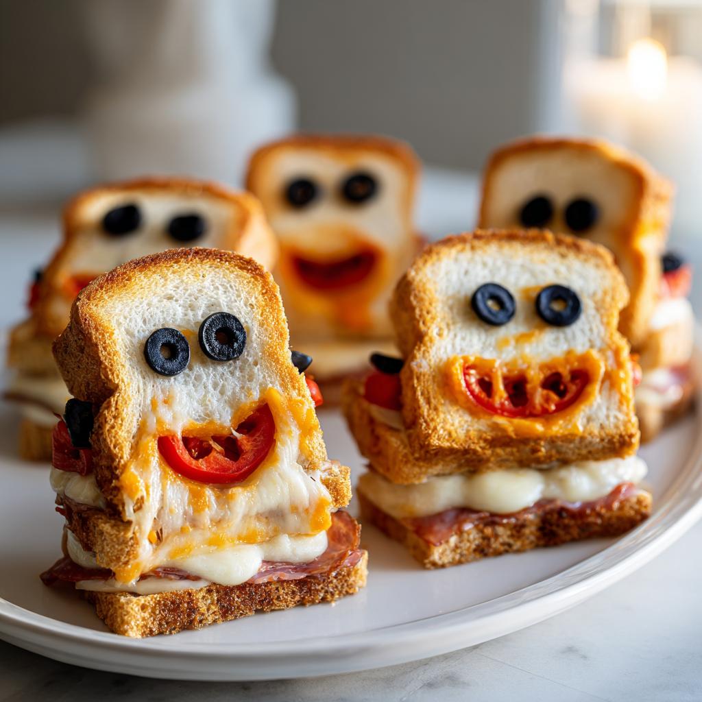 Close-up of cute Halloween lunch sandwiches made with toast, olives, and melted cheese, shaped like faces.