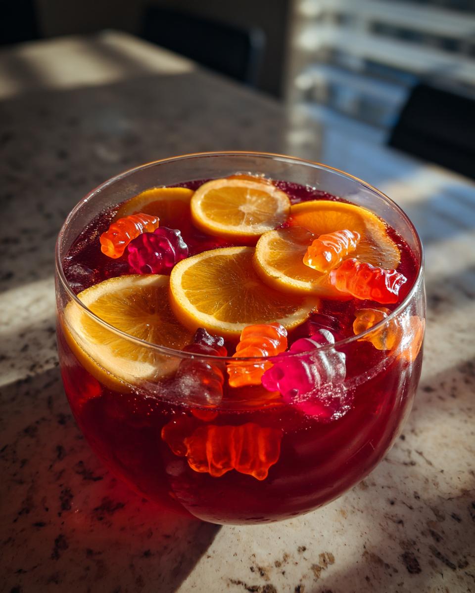 A festive Halloween punch in a glass bowl, garnished with orange slices and colorful gummy bears.