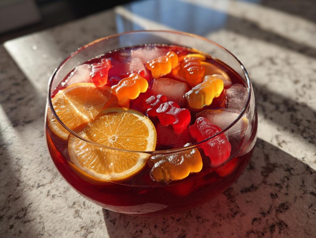 A festive Halloween punch in a glass bowl, filled with ice, orange slices, and colorful gummy bears.