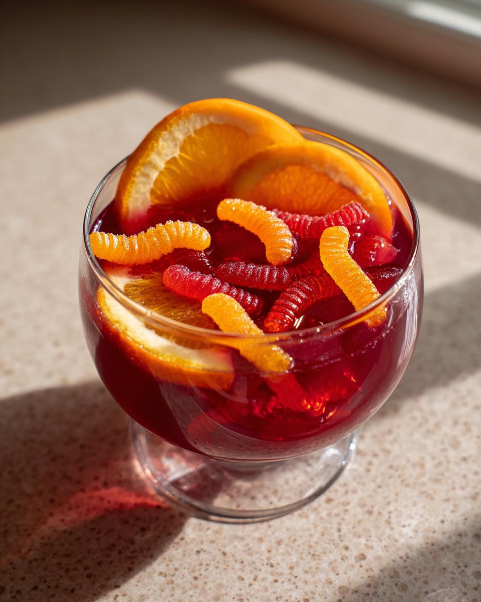 A glass of red Halloween punch garnished with orange slices and gummy worms.