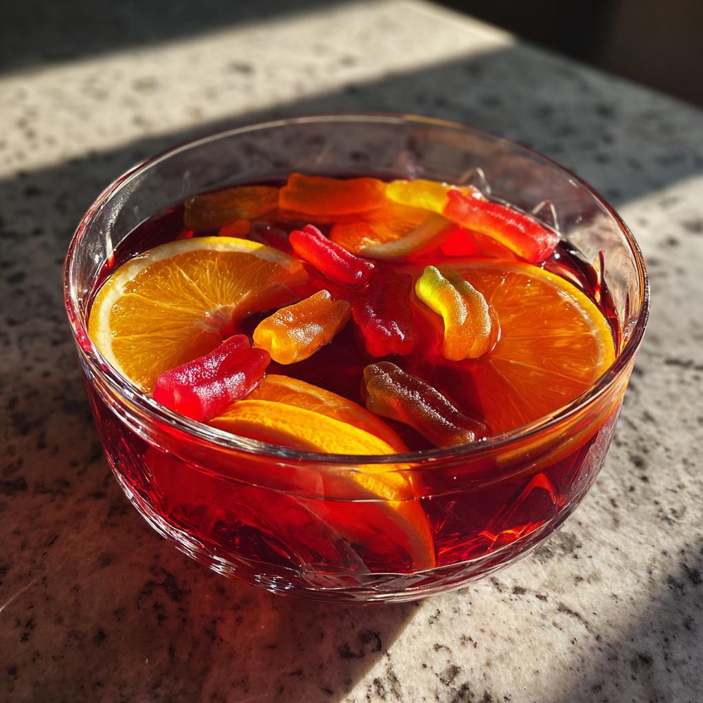 A close-up of a festive Halloween punch in a glass bowl, featuring orange slices and gummy worms.
