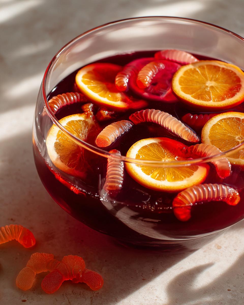 A clear glass bowl filled with dark red Halloween punch, garnished with orange slices and creepy gummy worms.