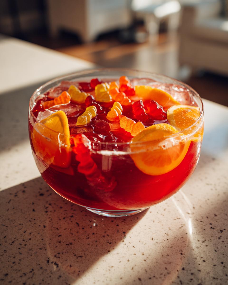 A clear glass bowl filled with vibrant red halloween punch, garnished with orange slices and gummy worms.