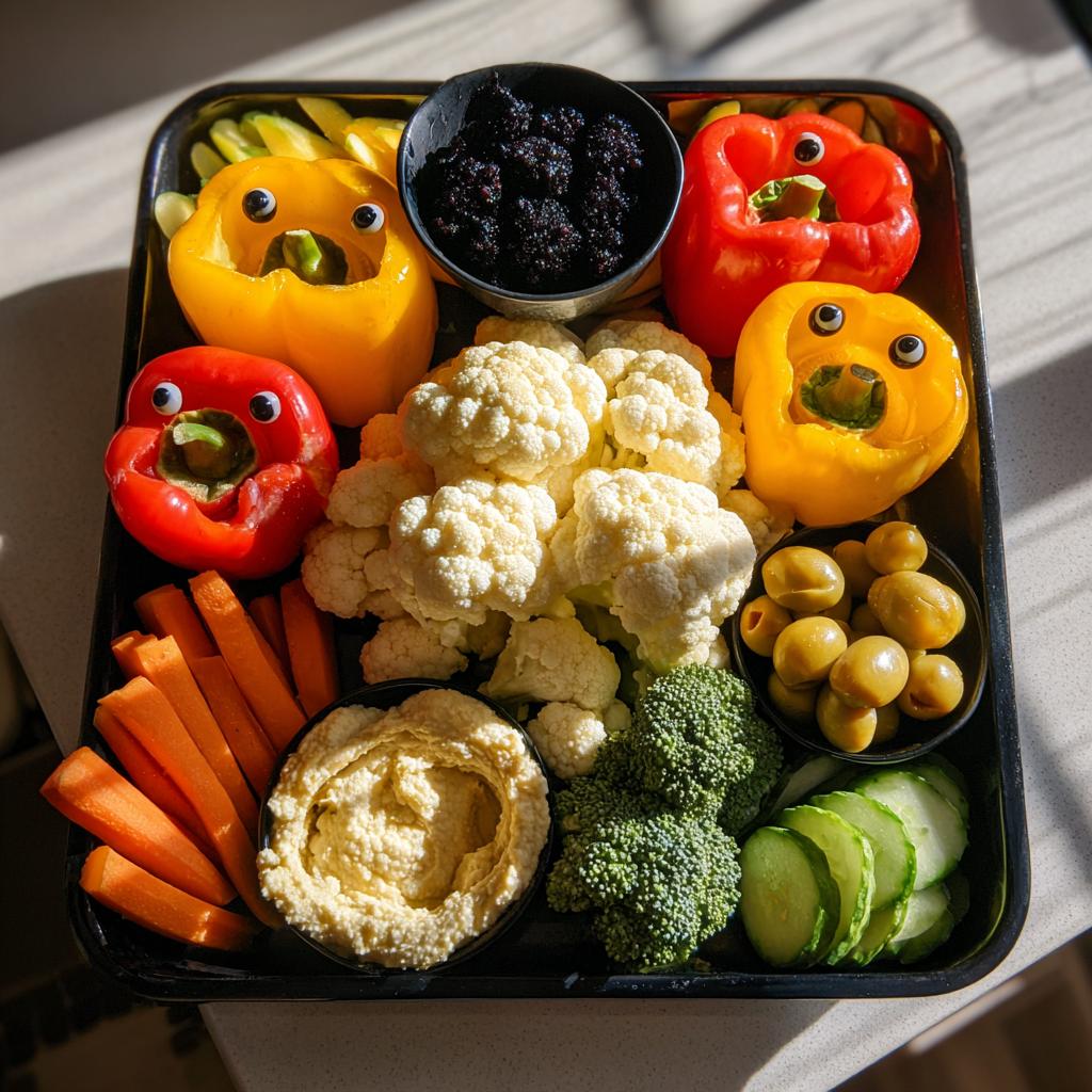 A festive Halloween veggie tray featuring bell peppers with googly eyes, cauliflower, broccoli, carrots, olives, and hummus.