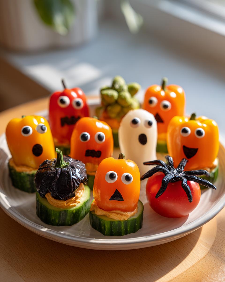 A festive Halloween veggie tray featuring mini vegetable characters like pumpkins, ghosts, and a spider, all made from fresh produce.