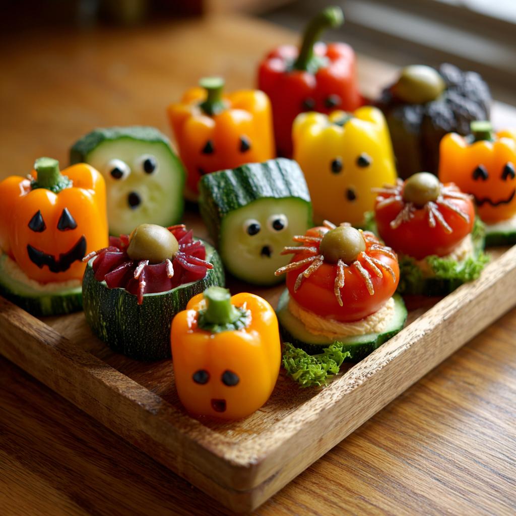 A creative Halloween veggie tray featuring bell peppers carved into jack-o'-lanterns and cucumber slices with googly eyes.