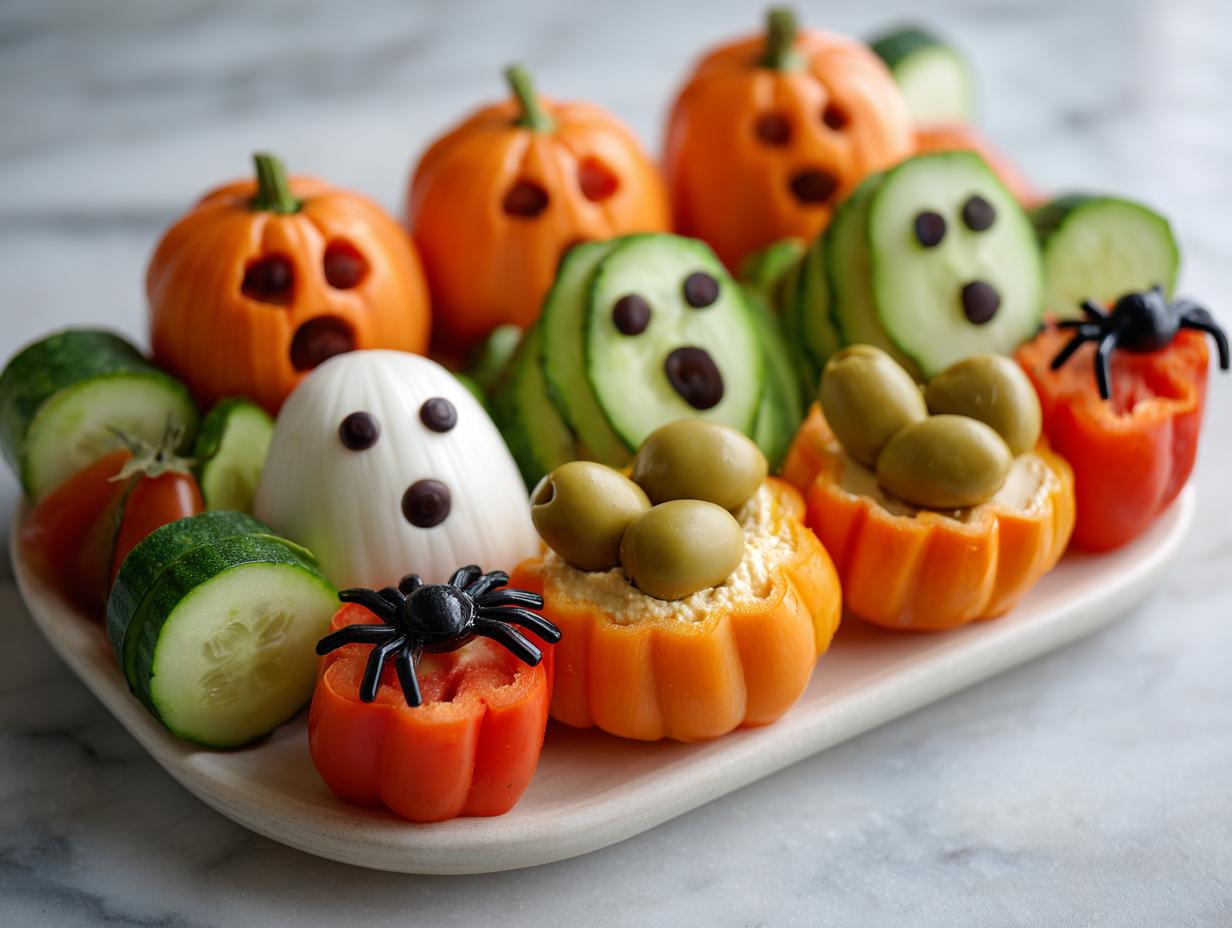 A festive Halloween veggie tray featuring carved pumpkins, cucumber ghosts, and bell pepper cups filled with dip and olives.