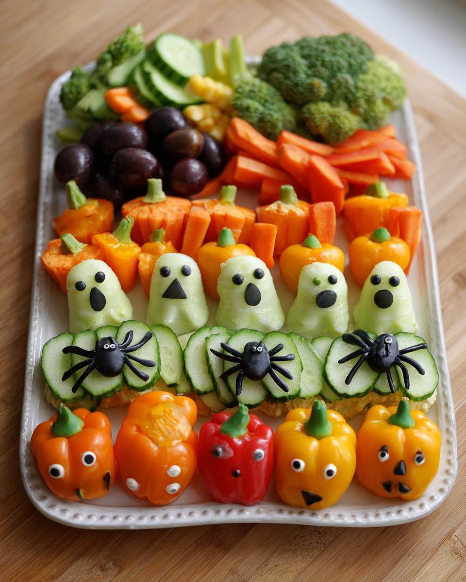 A festive Halloween veggie tray featuring cucumber ghosts, bell pepper pumpkins, and black olive spiders.