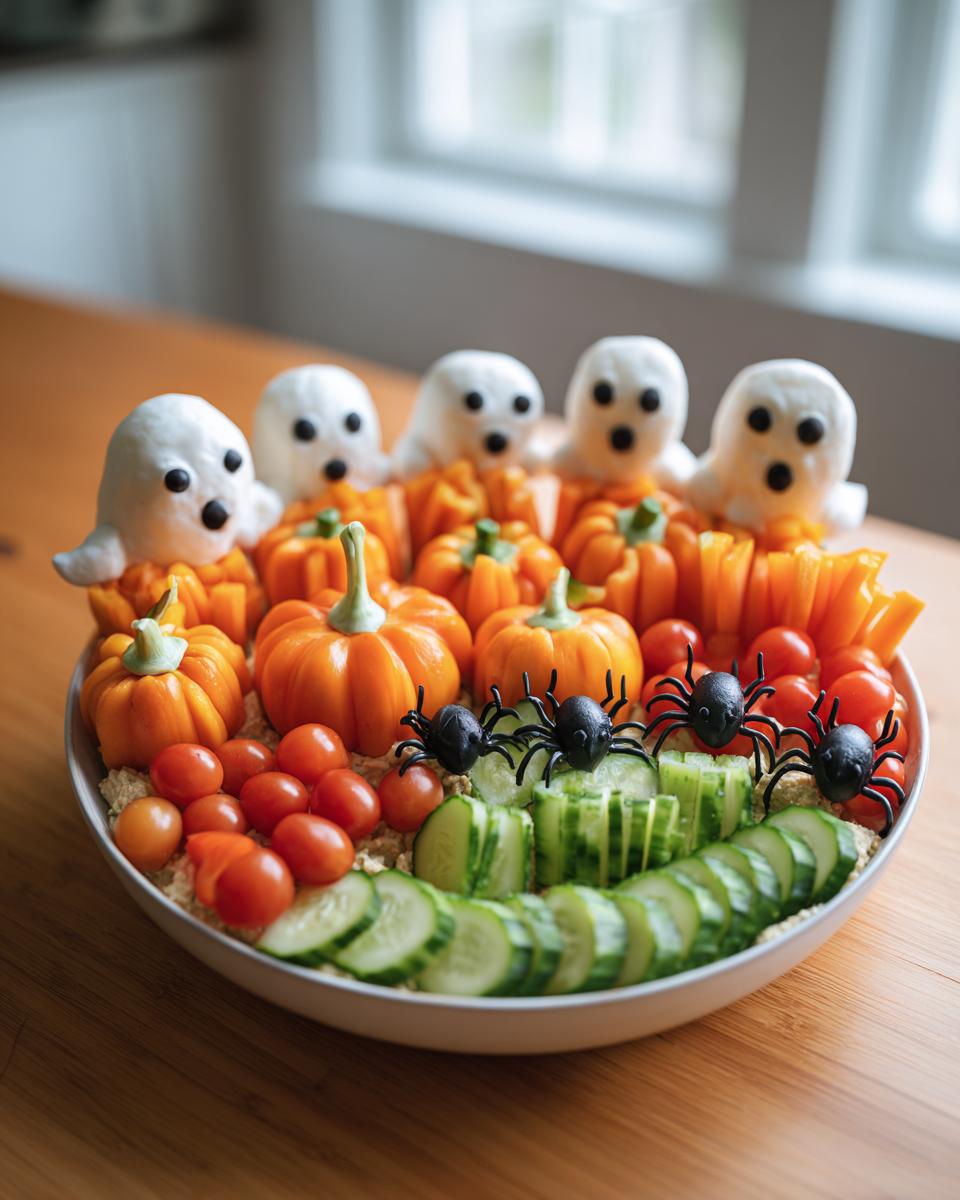 A festive Halloween veggie tray featuring mini pumpkins, cucumber slices, cherry tomatoes, and ghost-shaped cheese with black olive eyes.