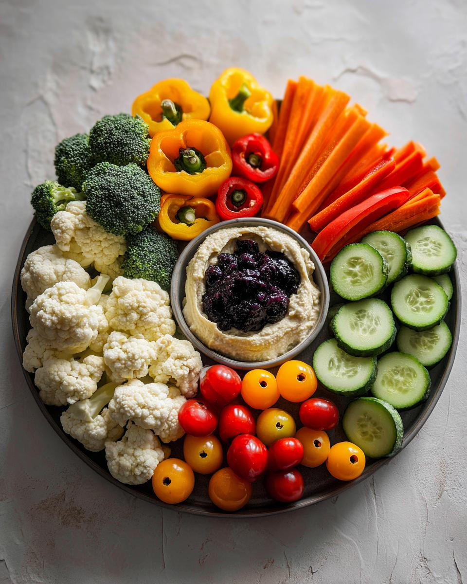 A vibrant Halloween veggie tray featuring broccoli, cauliflower, bell peppers, carrots, cucumbers, and cherry tomatoes surrounding a bowl of hummus.