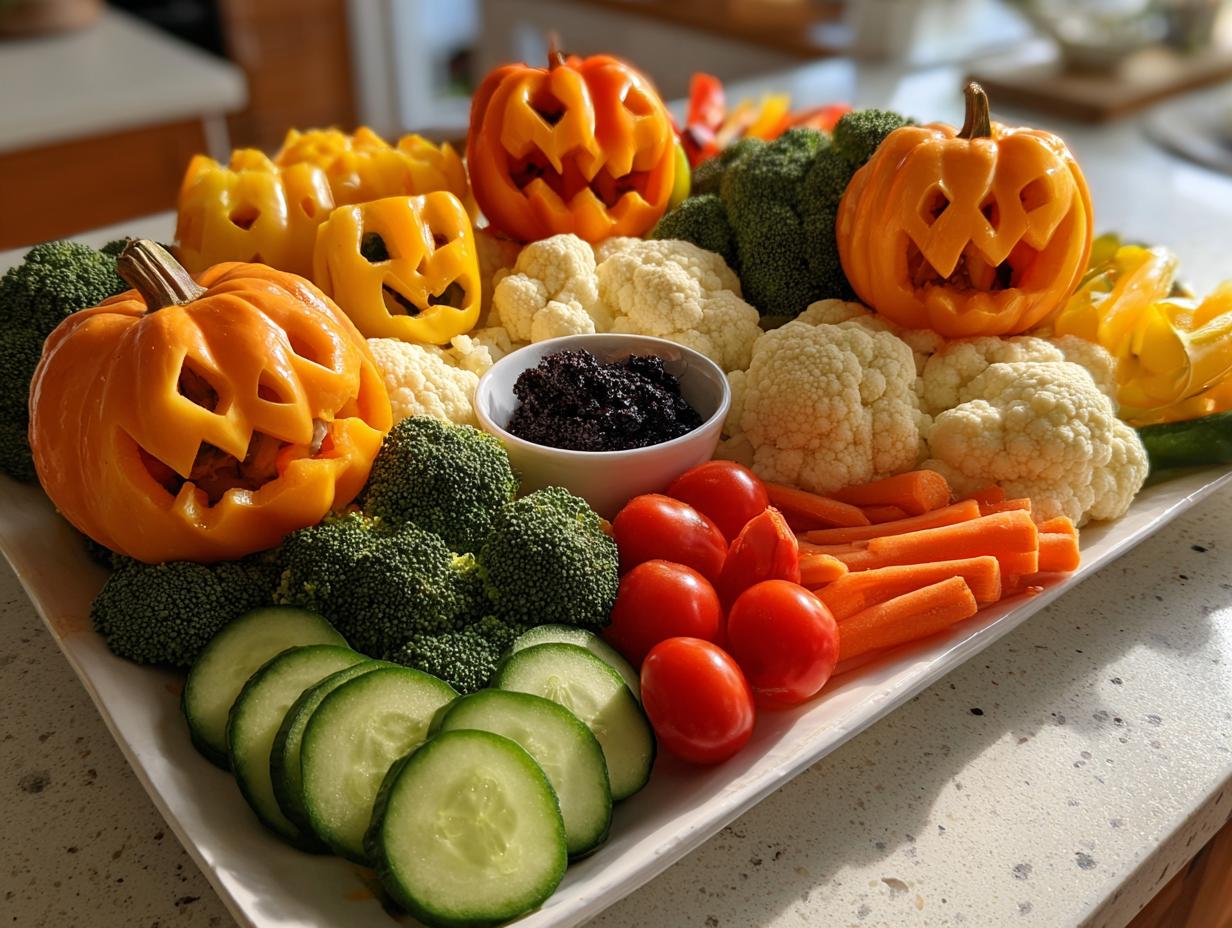 A festive Halloween veggie tray featuring carved pumpkin-shaped bell peppers, broccoli, cauliflower, carrots, tomatoes, and cucumbers.