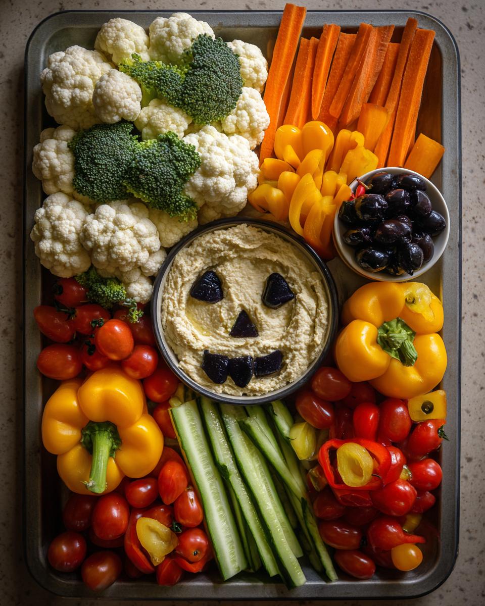 A festive Halloween veggie tray featuring a Jack-o-lantern made of hummus, surrounded by broccoli, cauliflower, carrots, olives, bell peppers, cucumbers, and tomatoes.