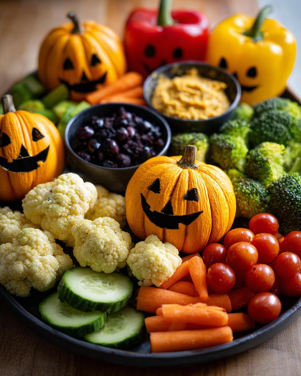 A festive Halloween veggie tray with carved jack-o'-lanterns, broccoli, cauliflower, carrots, cucumbers, and cherry tomatoes.