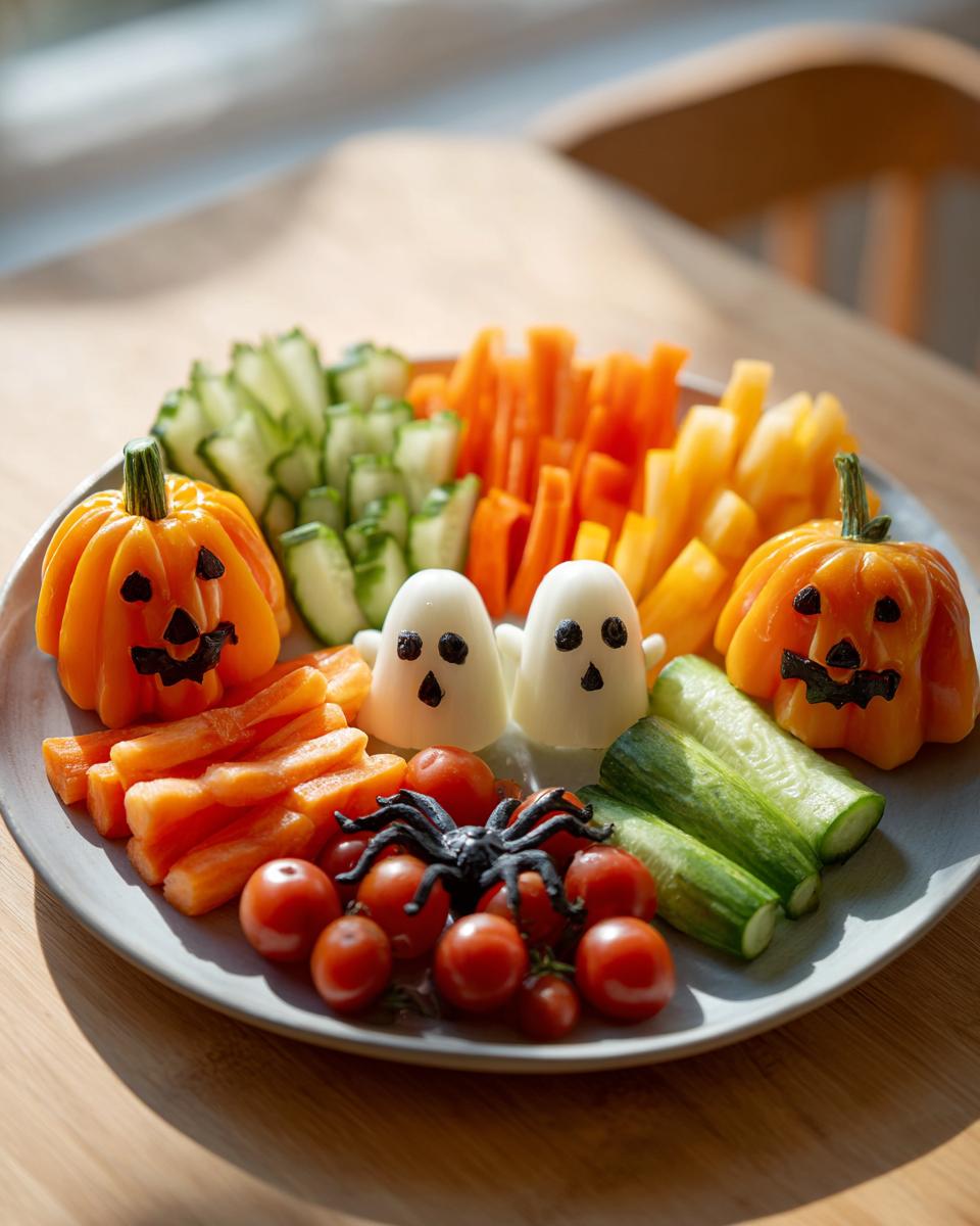 A festive Halloween veggie tray featuring carved pumpkin peppers, ghost-shaped boiled eggs, and assorted fresh vegetables.