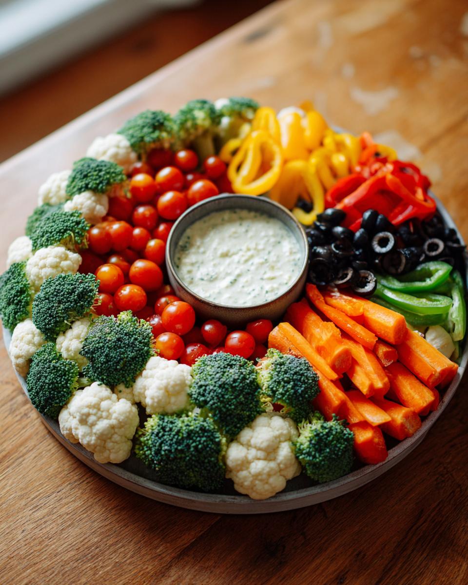 A vibrant harvest wreath tray filled with fresh vegetables like broccoli, cauliflower, cherry tomatoes, carrots, bell peppers, and olives surrounding a creamy dip.