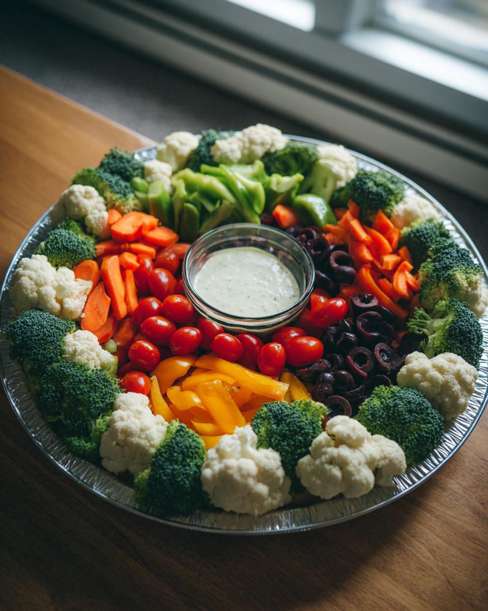 A vibrant harvest wreath tray filled with fresh broccoli, cauliflower, carrots, bell peppers, tomatoes, olives, and a creamy dip.