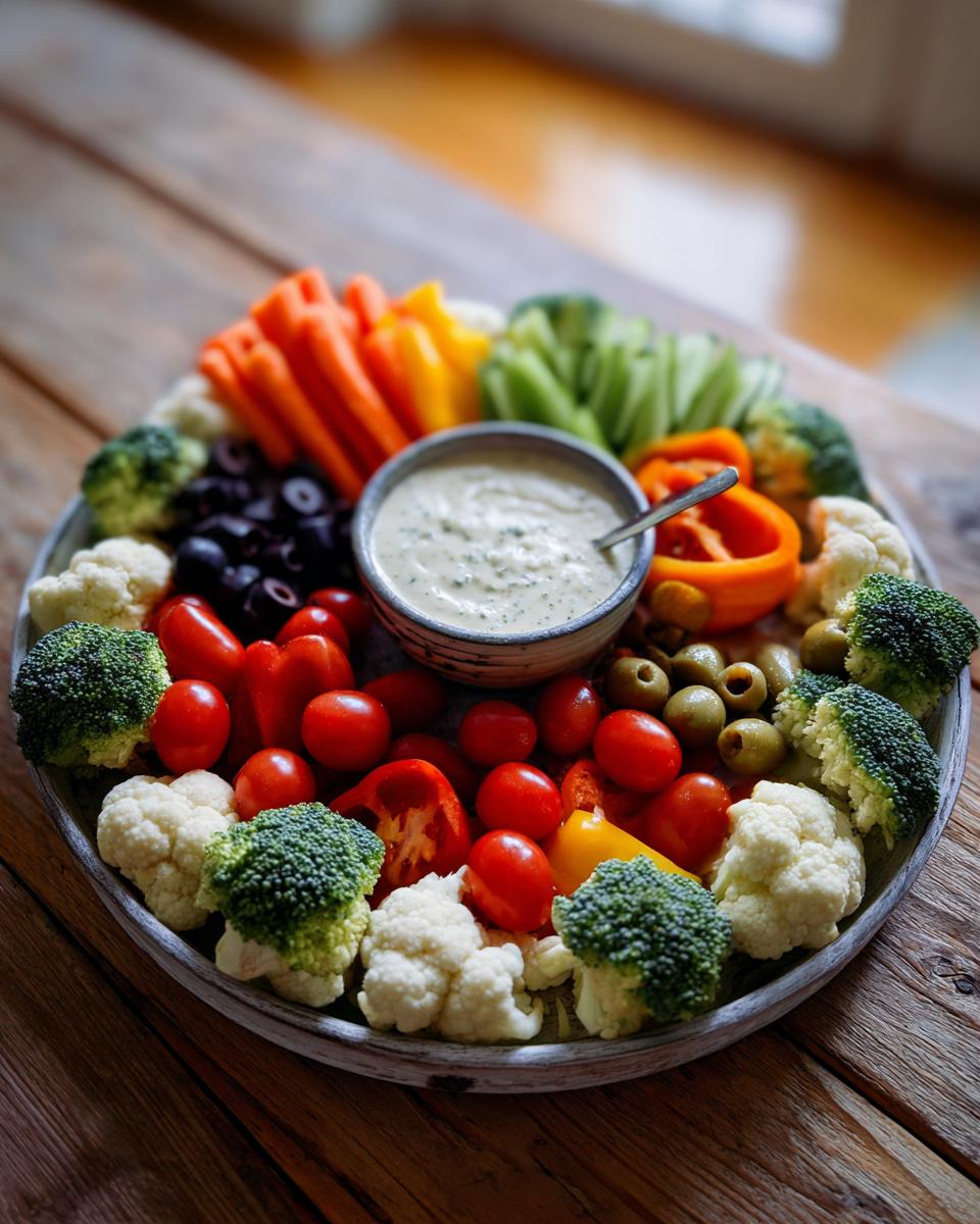 A vibrant harvest wreath tray filled with fresh vegetables like broccoli, cauliflower, carrots, tomatoes, olives, and bell peppers surrounding a bowl of dip.