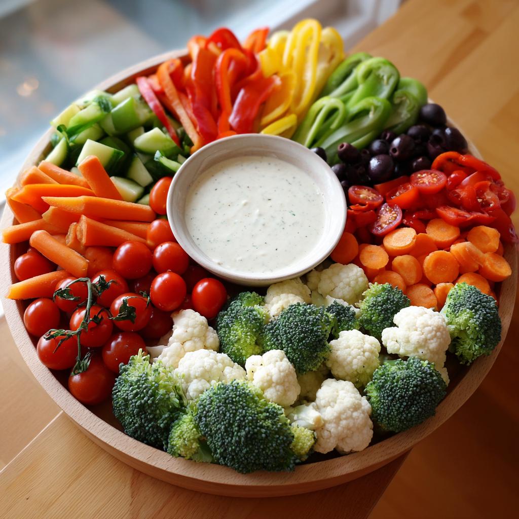 A vibrant harvest wreath tray filled with fresh vegetables like broccoli, cauliflower, carrots, peppers, and tomatoes, surrounding a bowl of dip.