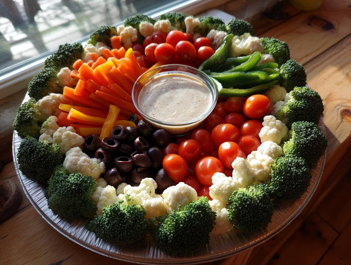 A vibrant harvest wreath tray filled with fresh broccoli, cauliflower, carrots, bell peppers, cherry tomatoes, olives, and a creamy dip.