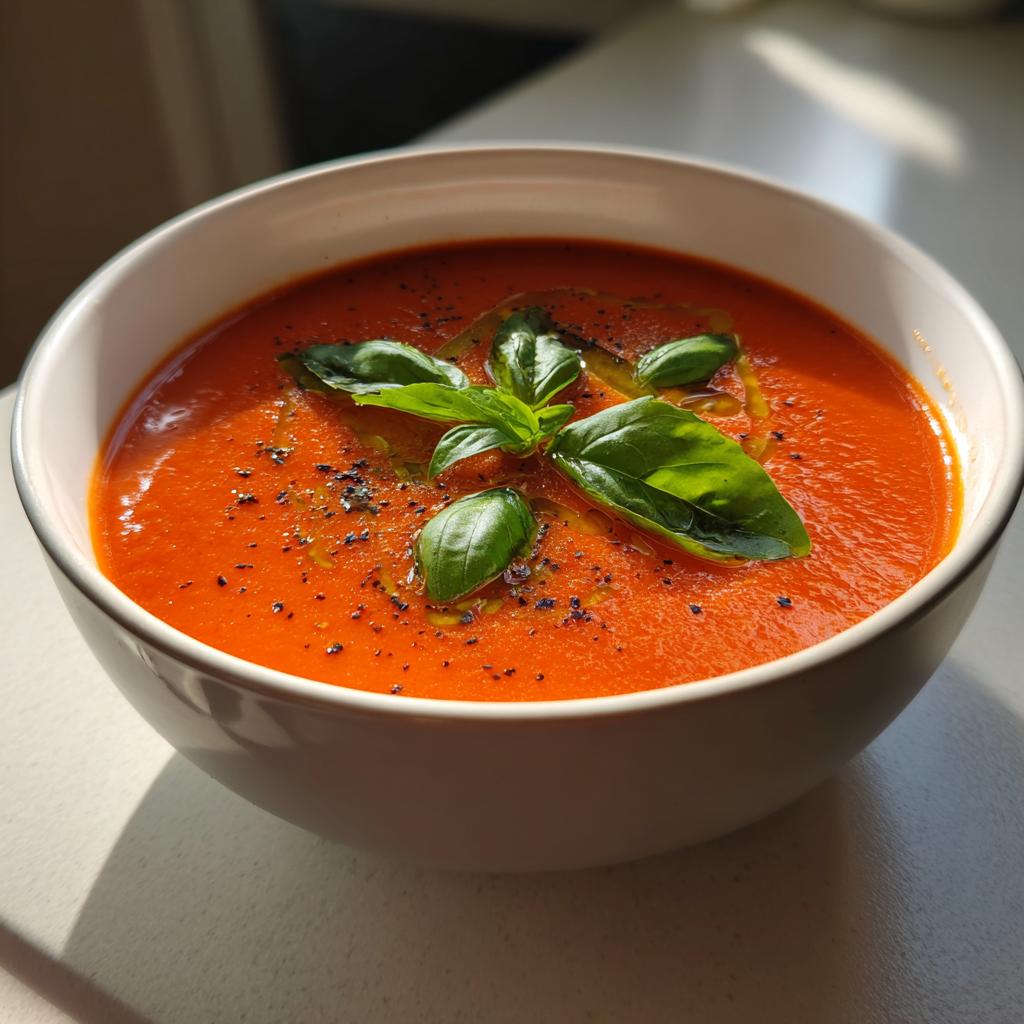 A close-up of a bowl of hearty tomato soup, garnished with fresh basil leaves and a drizzle of olive oil, perfect for soup recipes.