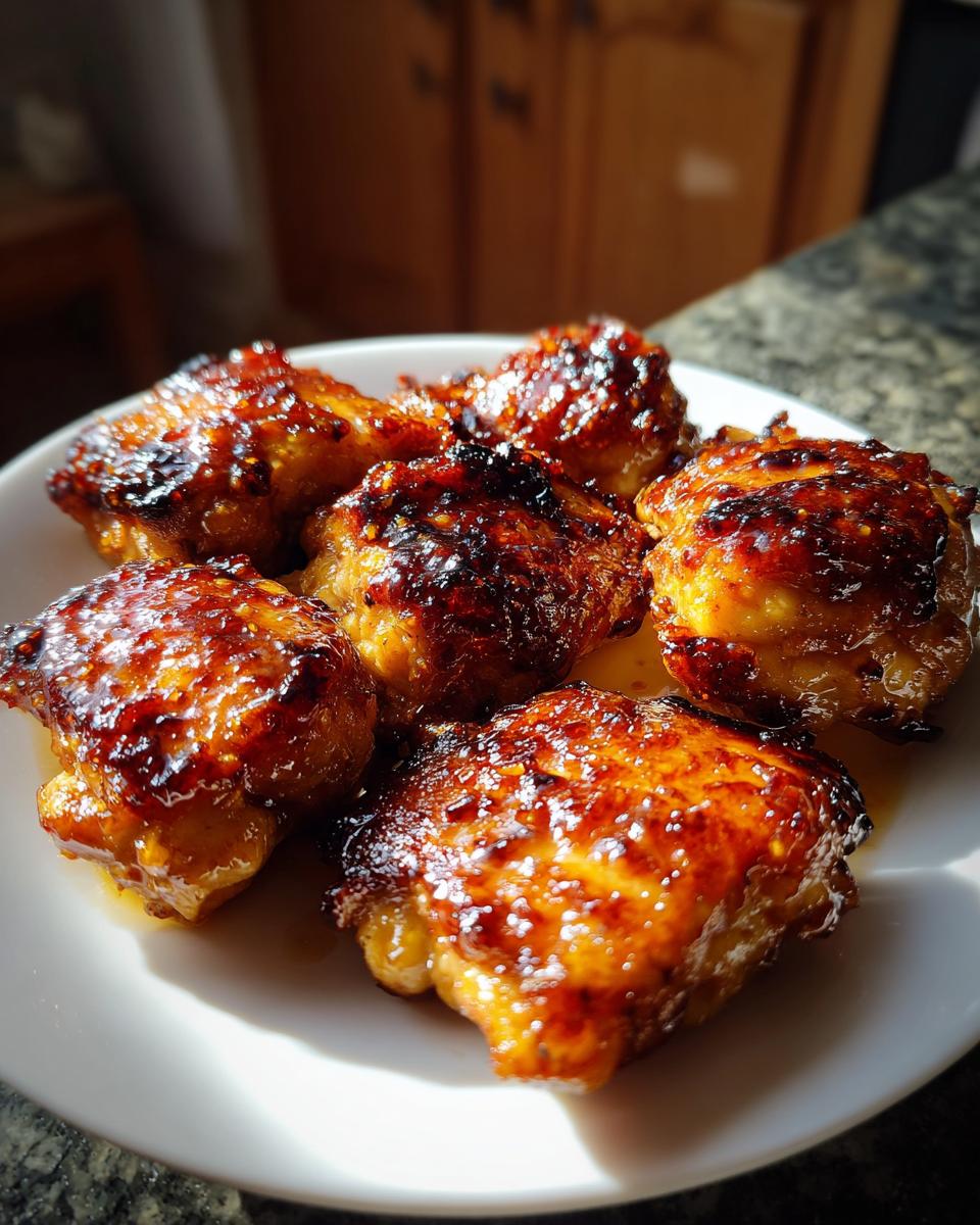 Close-up of juicy honey garlic chicken thighs on a white plate, perfect for busy weeknights.