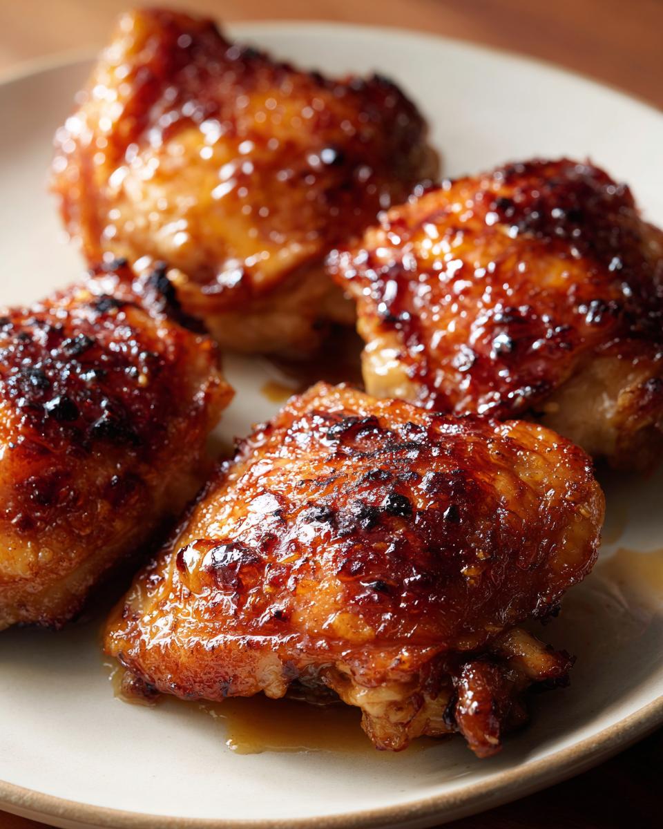 Close-up of four glistening honey garlic chicken thighs, perfect for busy weeknights.