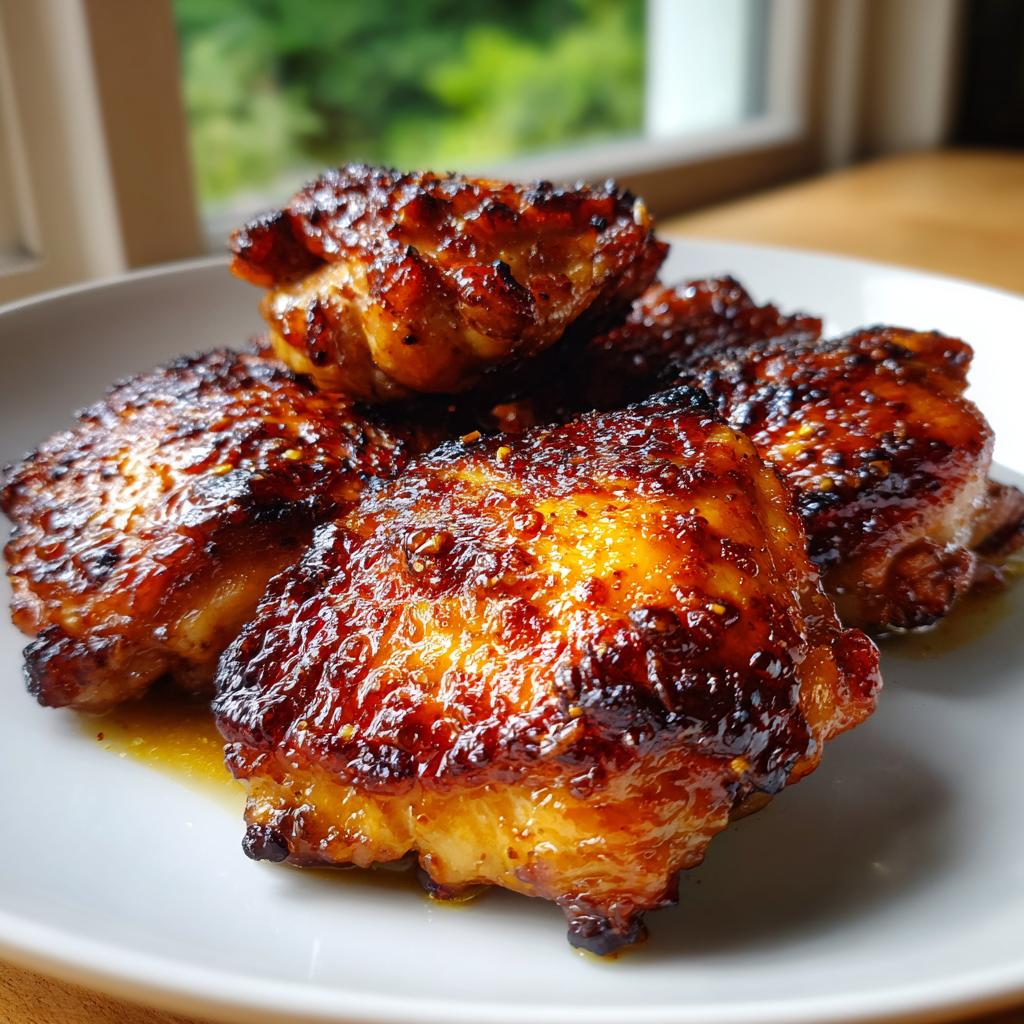 Close-up of juicy honey garlic chicken thighs, a perfect option for chicken thigh recipes for busy weeknights.