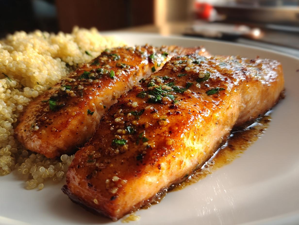 Two fillets of honey glazed salmon served with quinoa, a perfect addition to your Nye dinner ideas.