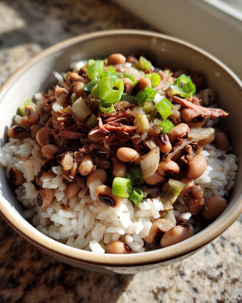 A close-up of a bowl filled with white rice topped with hoppin john, featuring black-eyed peas, shredded meat, and green onions.