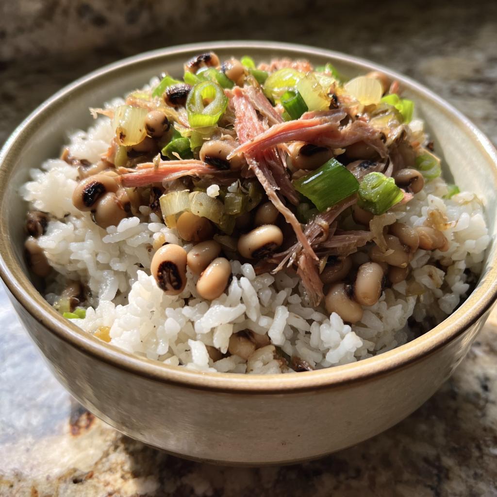 A close-up of a bowl filled with white rice topped with hoppin john, featuring black-eyed peas, shredded meat, and green onions.