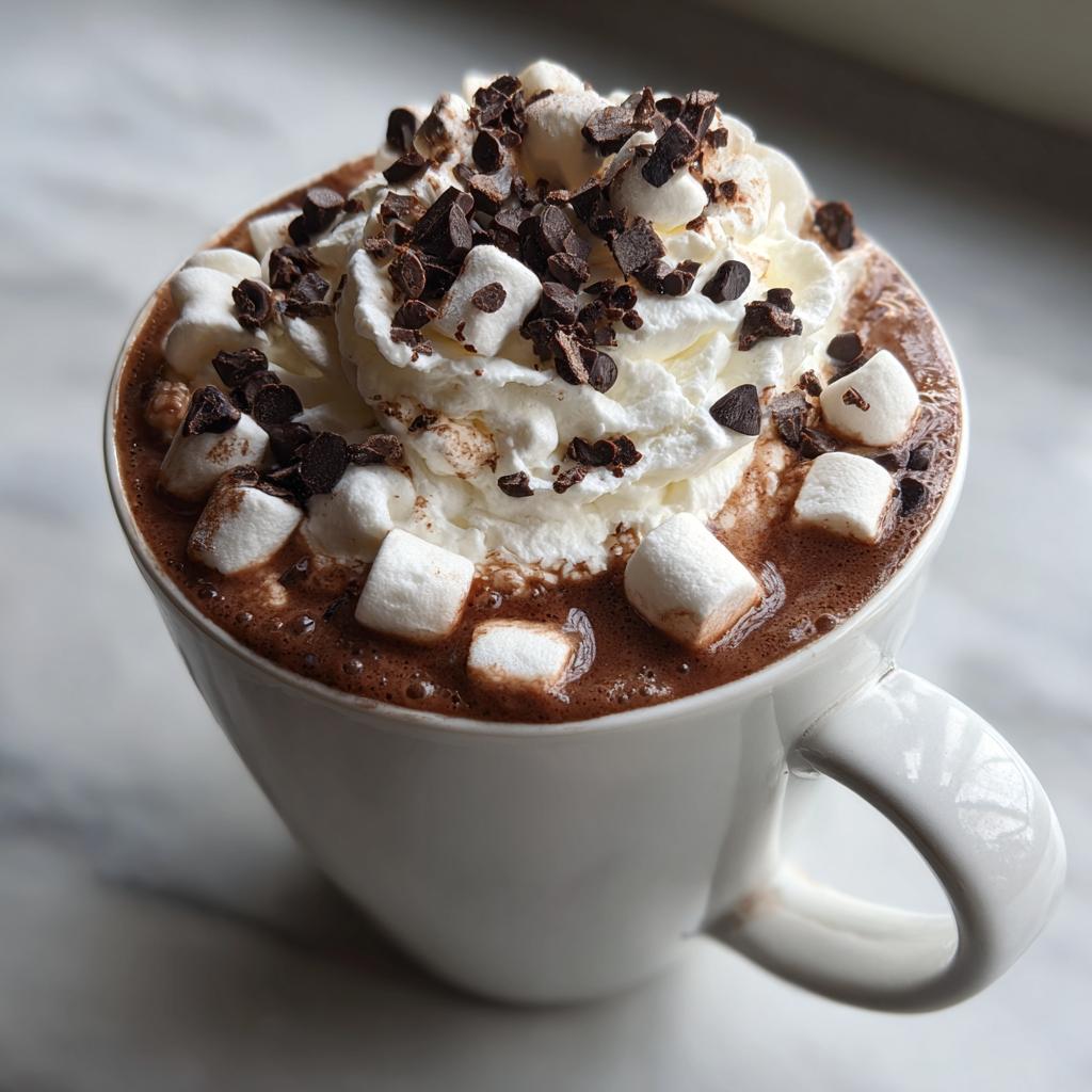 A close-up of a mug filled with rich hot chocolate, topped with whipped cream, mini marshmallows, and chocolate shavings. A perfect hot cocoa bar idea.